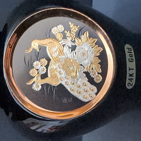 Vintage Japanese Art Of Chokin 24kt Gold Black Porcelain Lidded Jar. - Picture 2 of 11